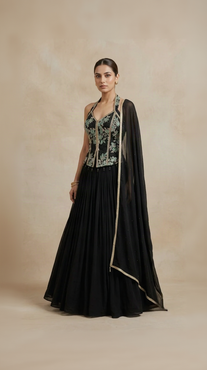 Black bridesmaid lehenga choli with green embroidery for wedding and sangeet celebrations
