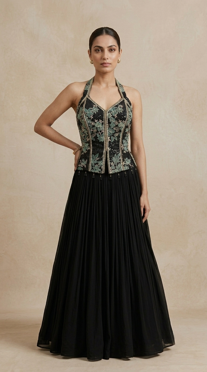 Designer black lehenga choli featuring intricate green embroidery for bridesmaid party wear
