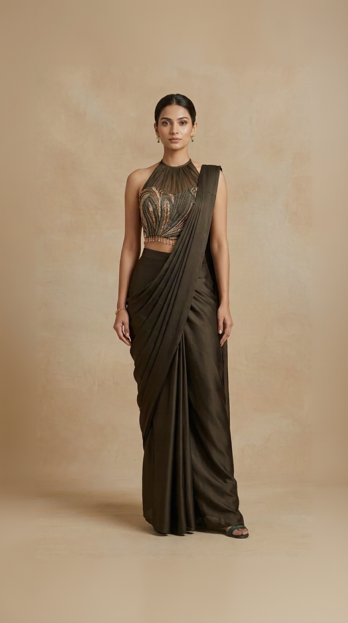 Mehendi green embroidered pre-draped saree set for mehendi and wedding celebrations
