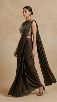 Designer mehendi green pre-draped saree with intricate embroidery for festive party wear