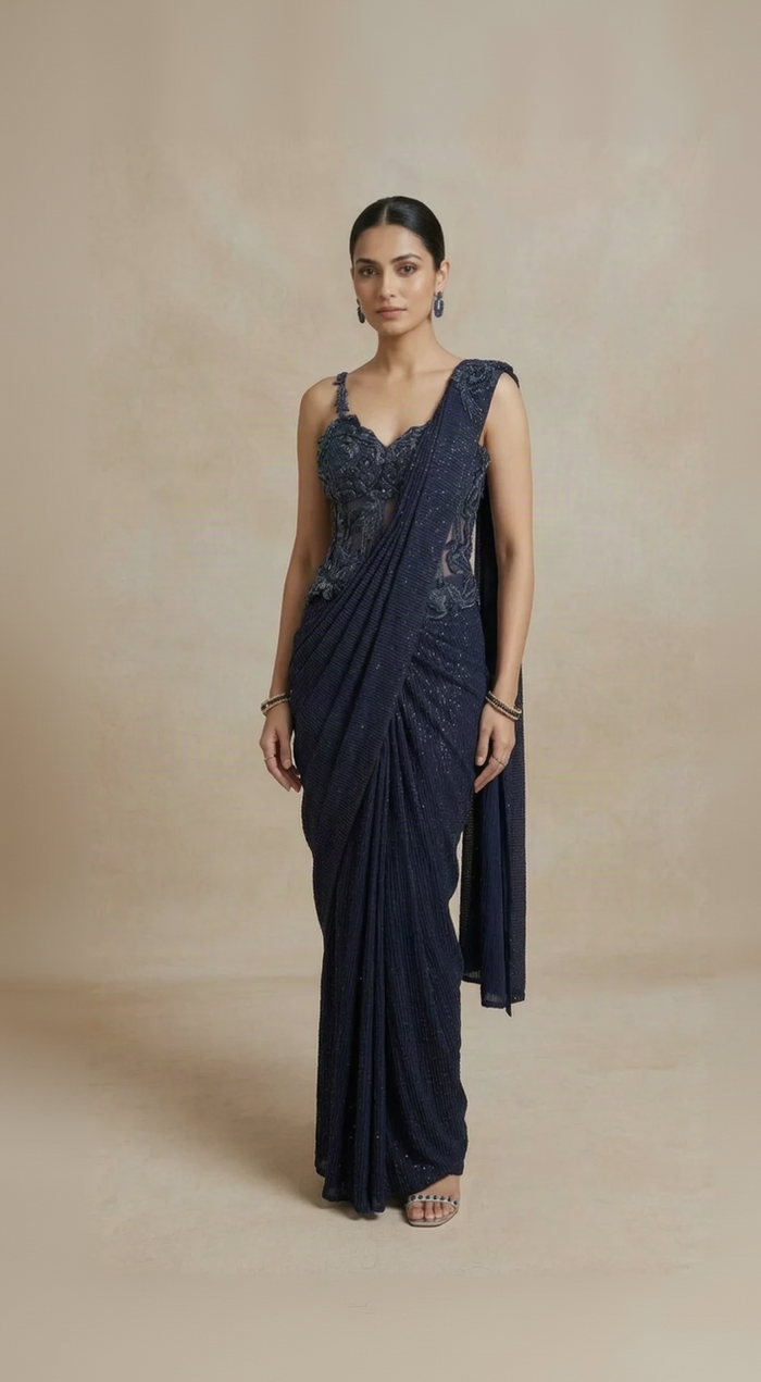 Navy blue sequins embroidered blue corset saree set with glitz and glam detailing, perfect for a glamorous sangeet celebration