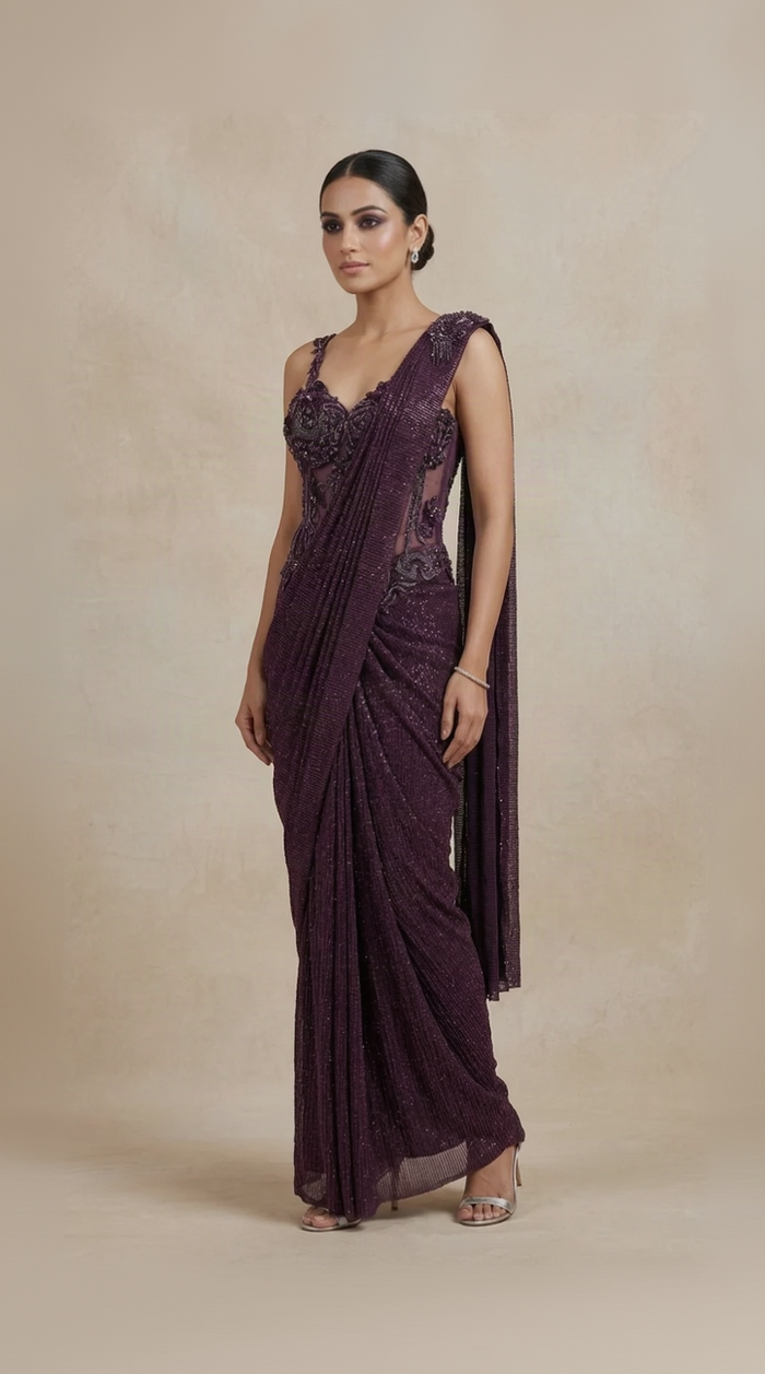Purple sequins blue corset saree with intricate bead and cutdana embroidery, creating a glitz and glam look for a glamorous sangeet