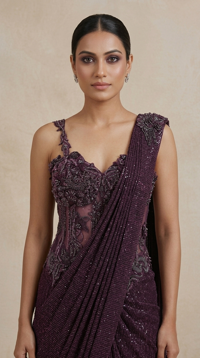 Purple corset saree with shimmering purple sequins and embellished detailing, perfect for a stylish wedding reception or cocktail party.