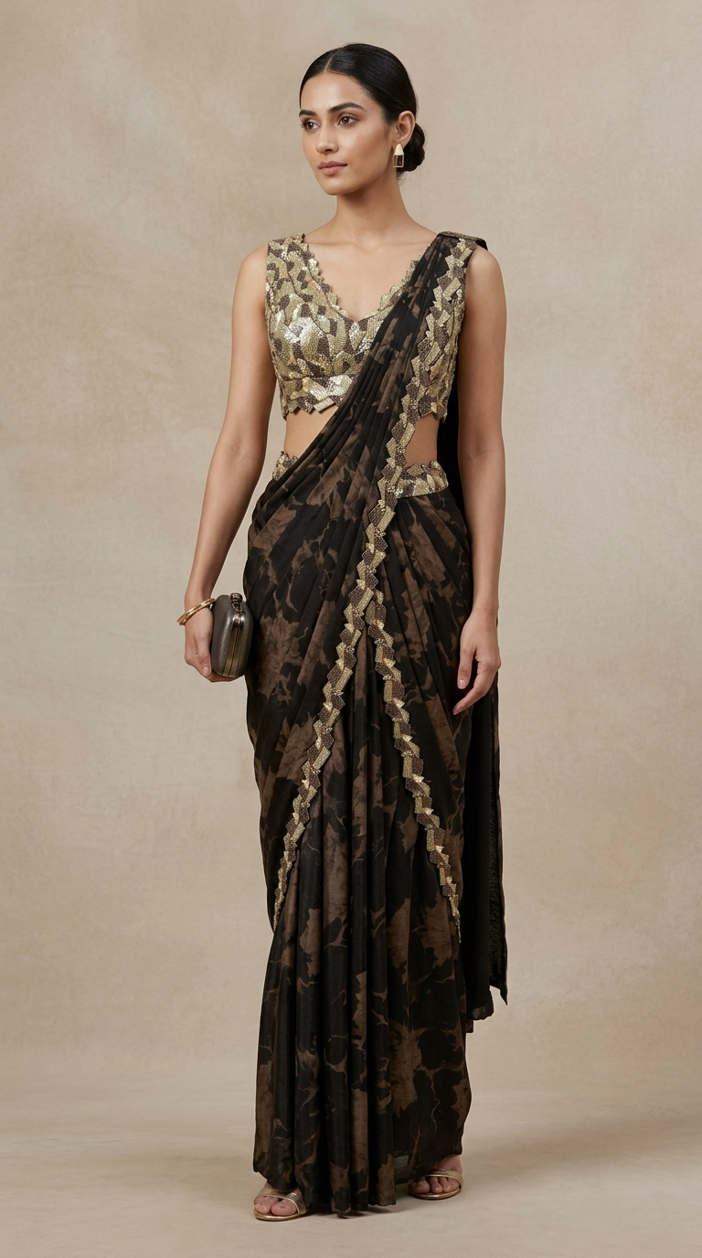 Black printed ready-to-wear saree with embellished blouse featuring intricate cutdana, sequin and bead work, ideal for weddings, parties and evening events
