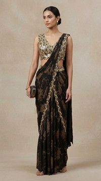 Black printed ready-to-wear saree with embellished blouse featuring intricate cutdana, sequin and bead work, ideal for weddings, parties and evening events