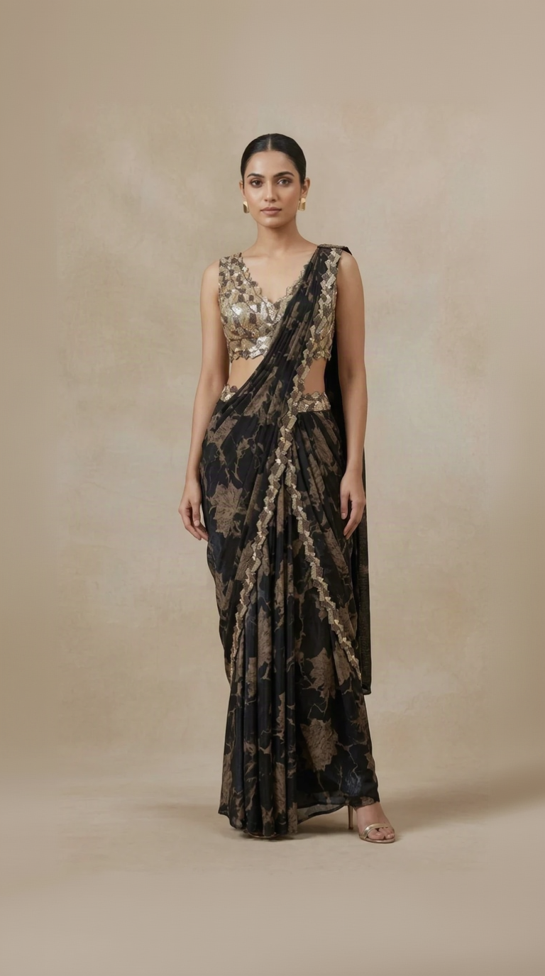 Black printed ready-to-wear saree with hand-embroidered blouse, cutdana, sequins and beads, perfect for weddings, receptions and festive events