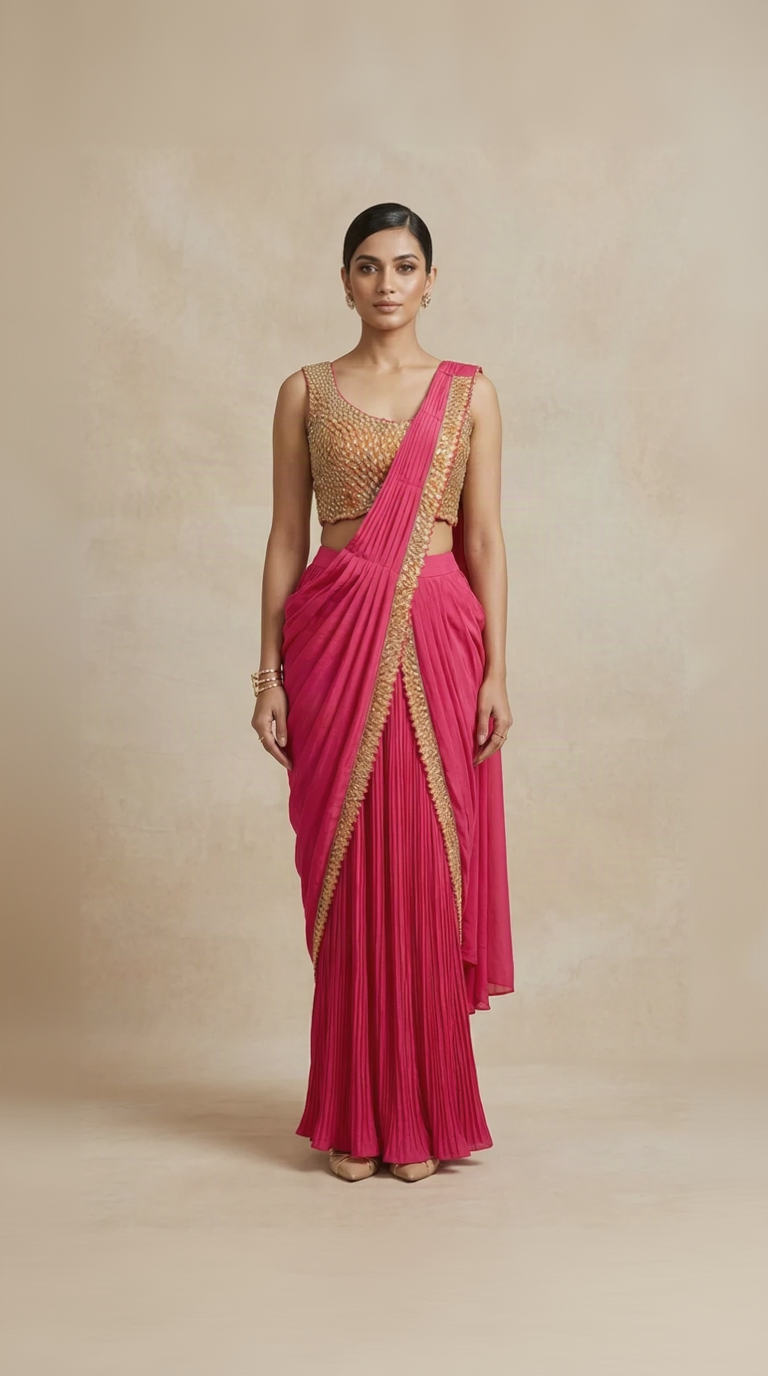 Rani pink crepe hand-embellished pre-draped saree for women, elegant Indian ethnic wear for weddings and festive occasions.