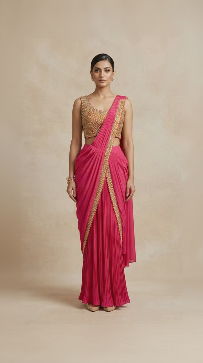 Rani pink crepe hand-embellished pre-draped saree for women, elegant Indian ethnic wear for weddings and festive occasions.