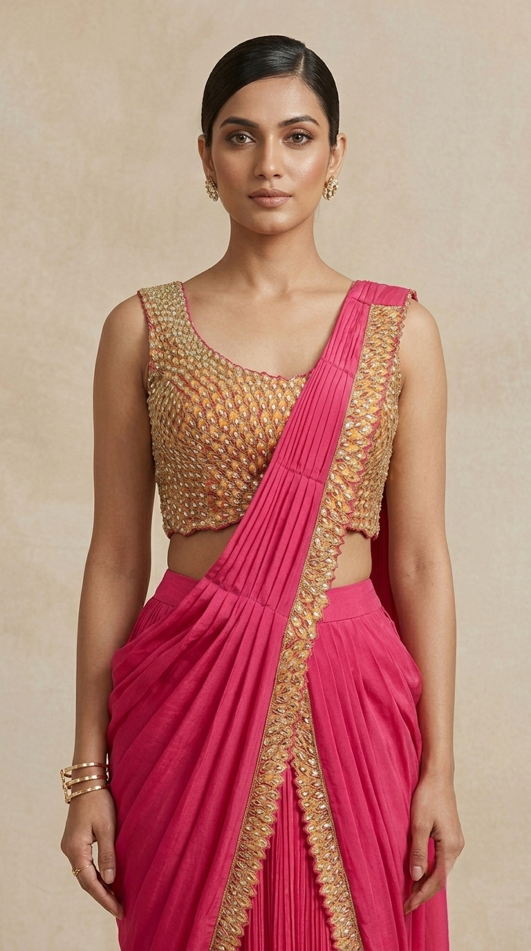 Rani pink embellished pre-draped saree close-up showing detailed craftsmanship, luxurious festive Indian fashion.