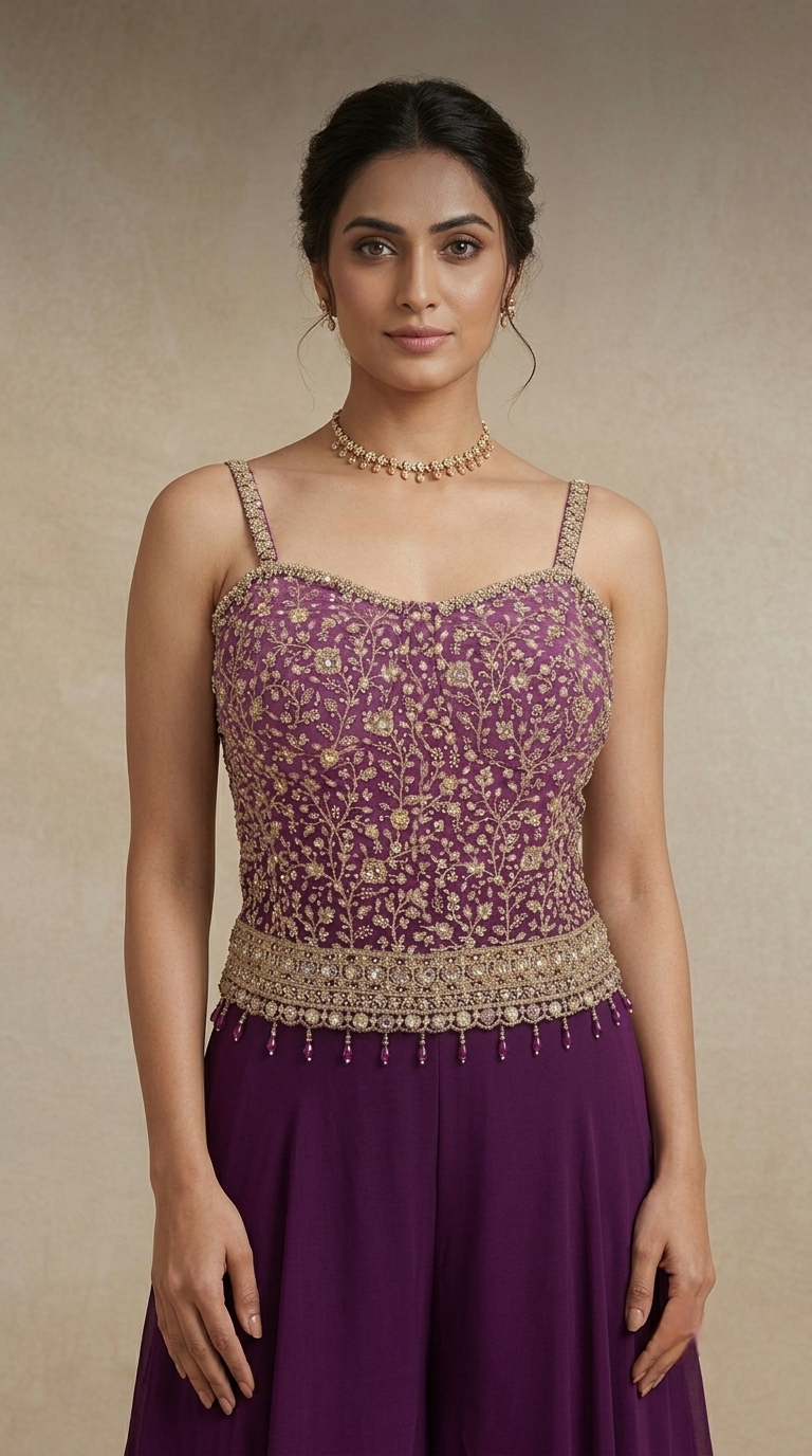 PURPLE MIRROR EMBROIDERED CORSET SHARARA SET