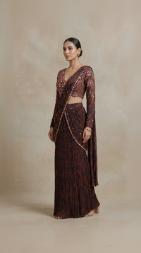 Wine Chinon printed pre-draped saree with hand embroidered blouse, mirror work, beads, cutdana and sequins for weddings and festive events