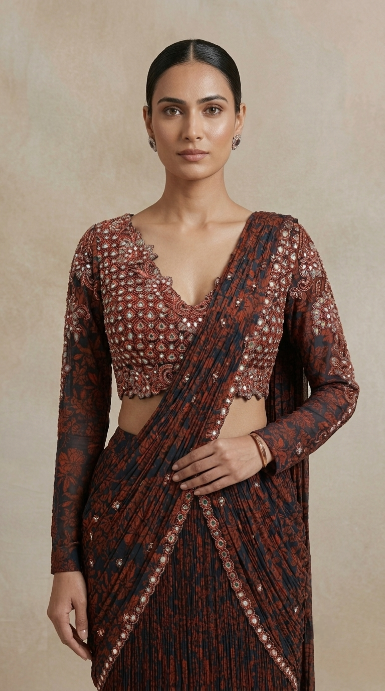 Close-up of wine Chinon pre-draped saree featuring an embellished hand embroidered blouse with mirror work, beads, cutdana and sequins