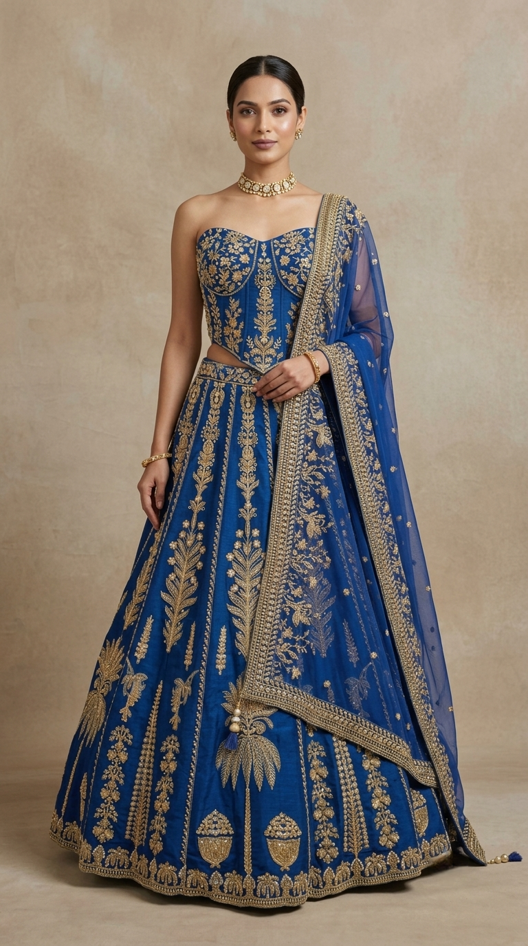 BLUE INTRICATELY EMBROIDERED CORSET LEHENGA CHOLI SET
