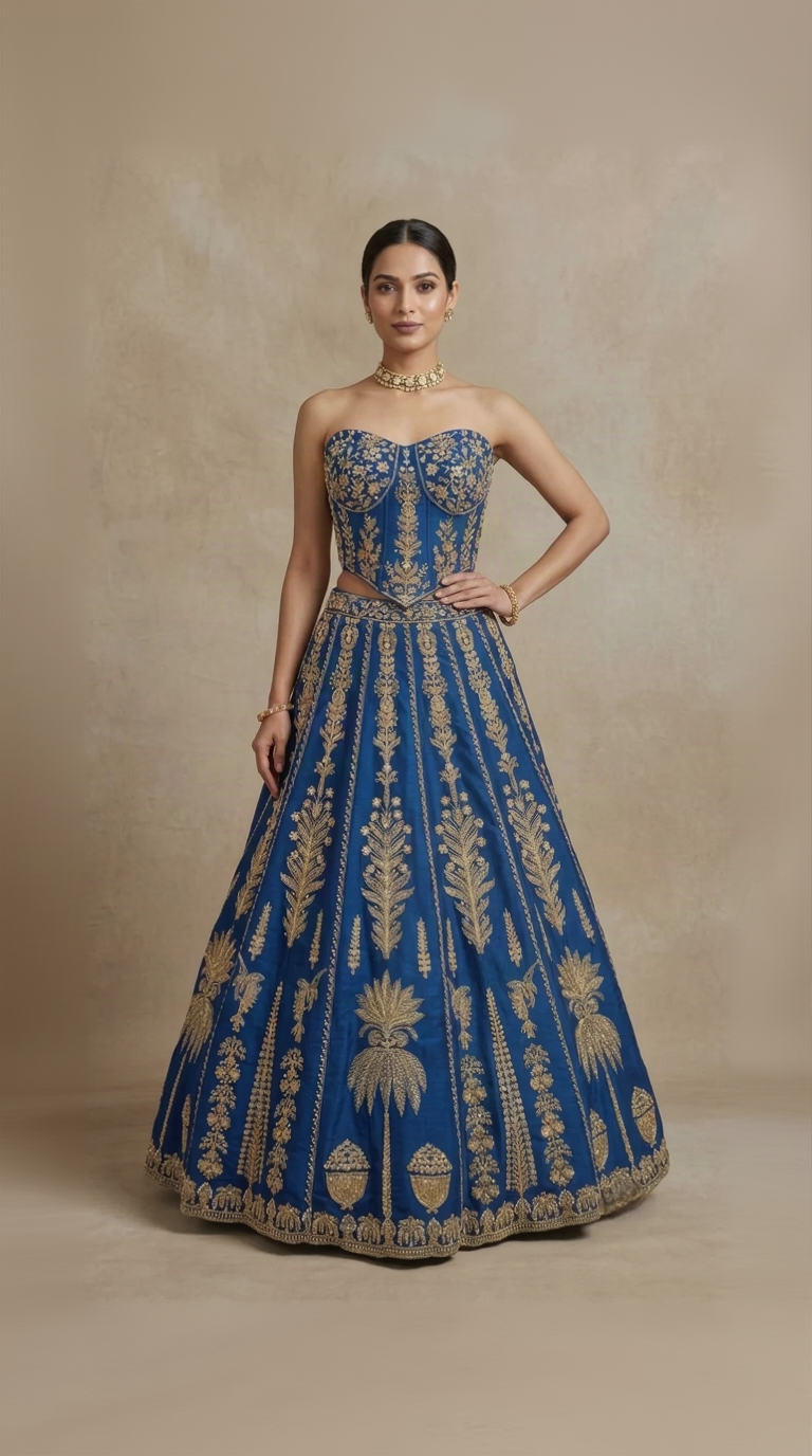 BLUE INTRICATELY EMBROIDERED CORSET LEHENGA CHOLI SET