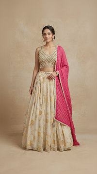 OFF WHITE TISSUE SILK BANARASI LEHENGA CHOLI SET