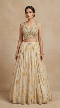OFF WHITE TISSUE SILK BANARASI LEHENGA CHOLI SET