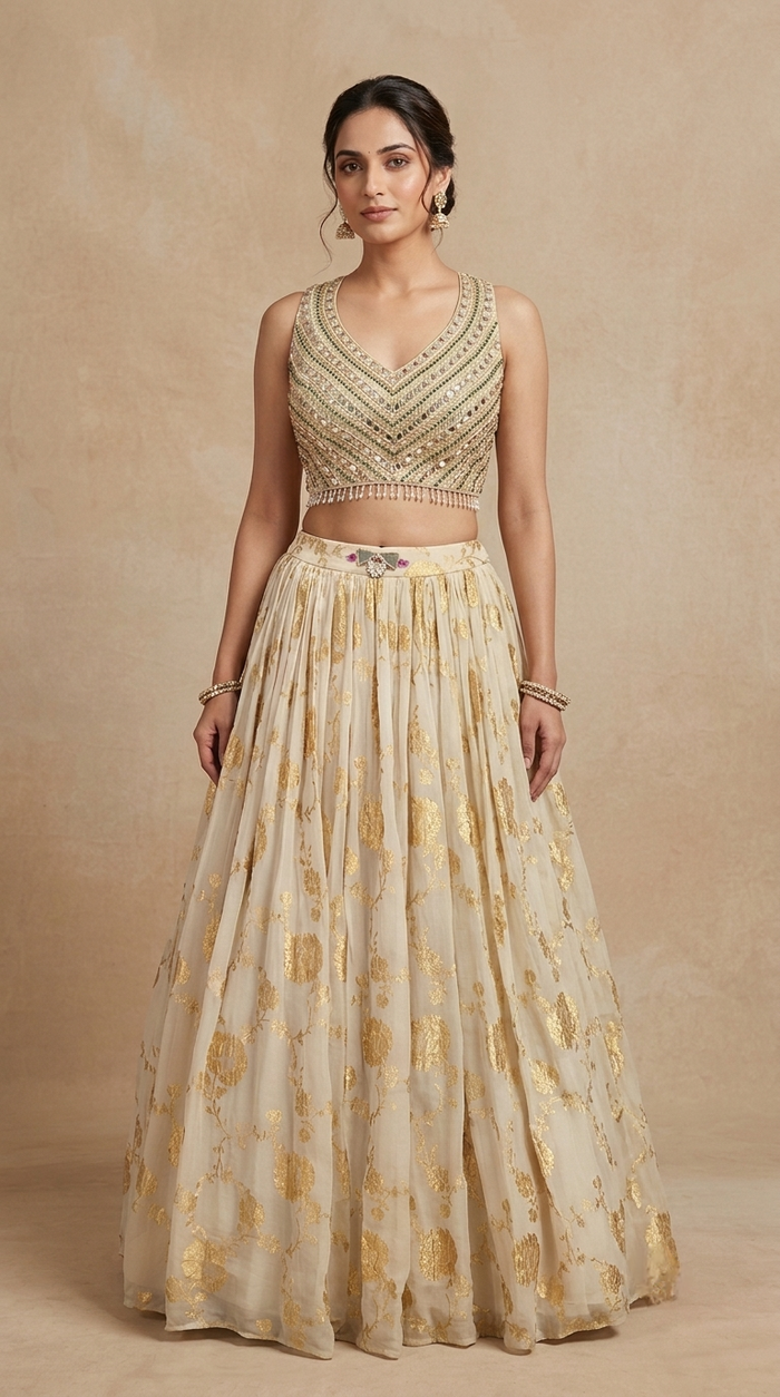 OFF WHITE TISSUE SILK BANARASI LEHENGA CHOLI SET