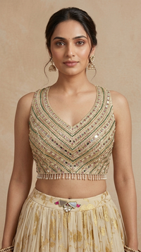 OFF WHITE TISSUE SILK BANARASI LEHENGA CHOLI SET