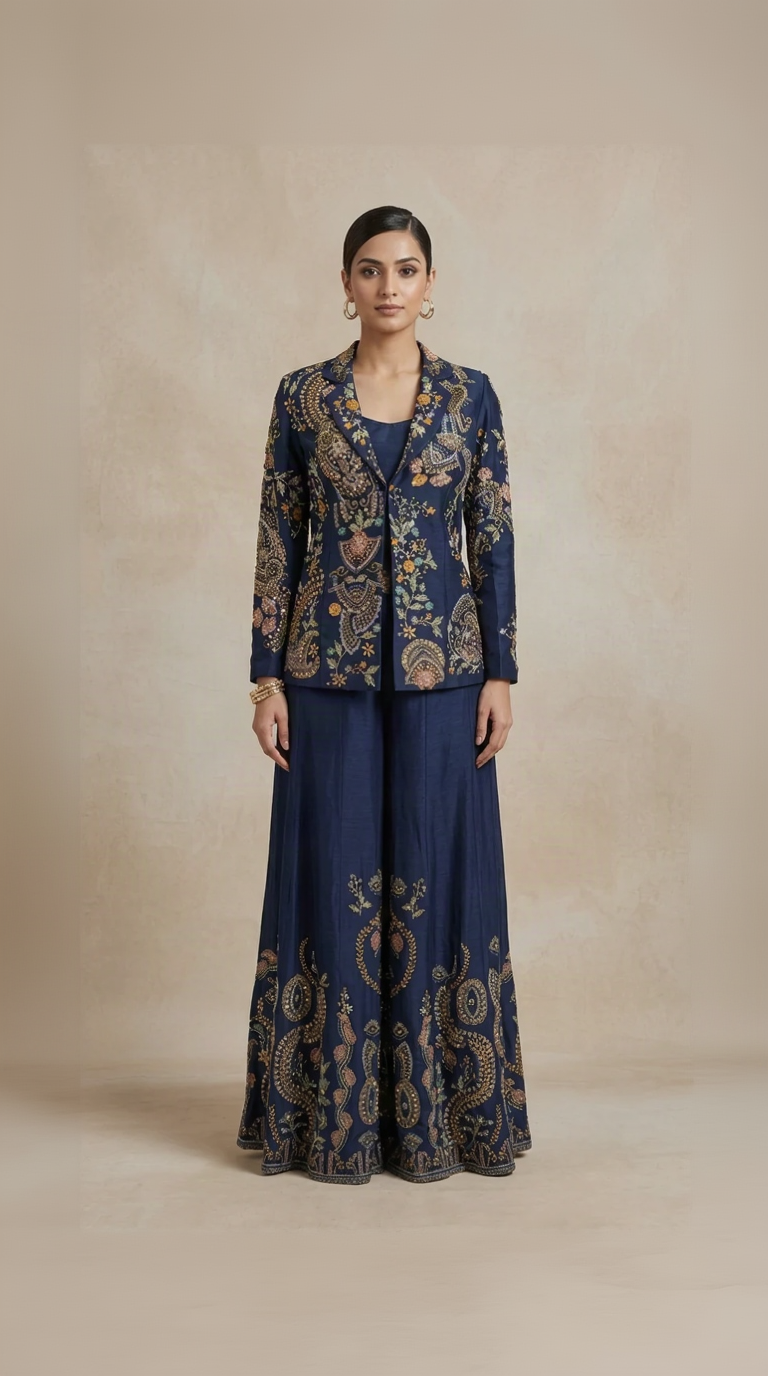 Floral navy blue silk blazer sharara set with hand embroidered blouse, cutdana, sequins and beads, perfect for weddings and festive occasions