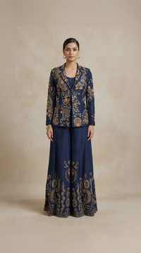 Floral navy blue silk blazer sharara set with hand embroidered blouse, cutdana, sequins and beads, perfect for weddings and festive occasions