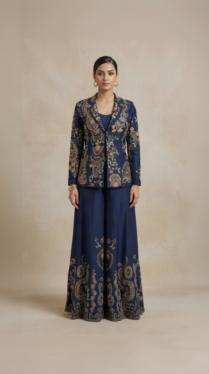 Floral navy blue silk blazer sharara set with hand embroidered blouse, cutdana, sequins and beads, perfect for weddings and festive occasions