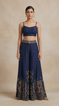 Navy blue raw silk blazer sharara set with hand embroidered blouse, floral print and intricate cutdana, sequin and bead work for wedding receptions