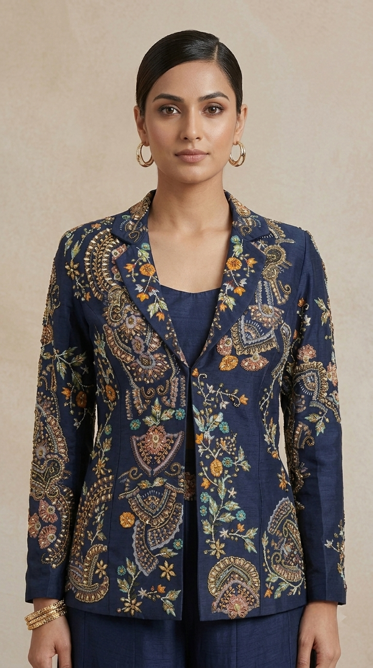 Close-up of floral navy blue silk blazer and hand embroidered blouse with detailed cutdana, sequins and beads, ideal for festive celebrations