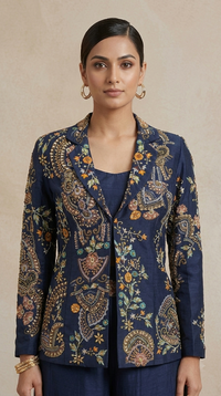 Close-up of floral navy blue silk blazer and hand embroidered blouse with detailed cutdana, sequins and beads, ideal for festive celebrations