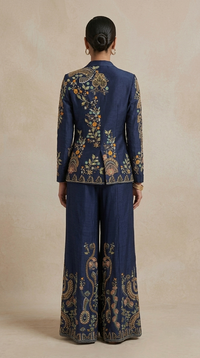 Floral navy blue silk blazer sharara set with embellished blouse, detailed embroidery and elegant floral design, perfect for weddings, parties and receptions