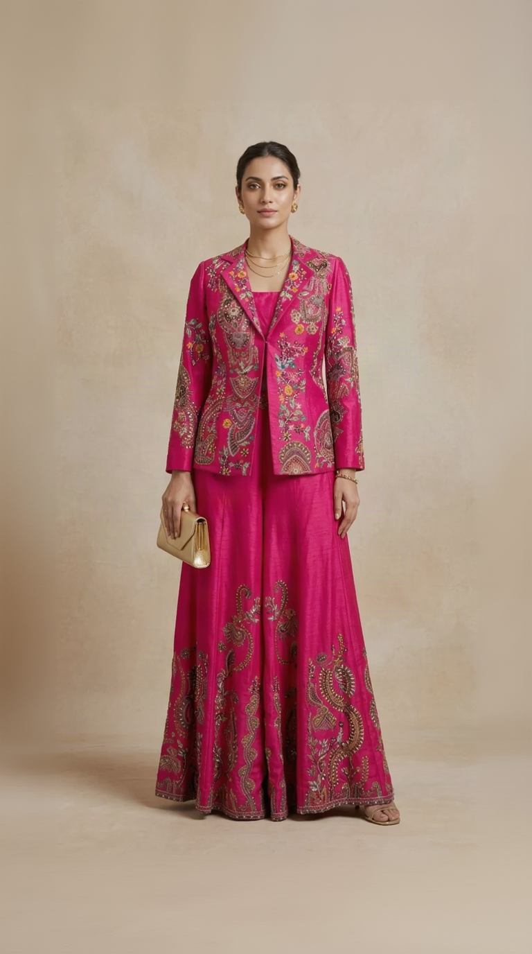 Rani pink floral printed blazer sharara set with hand embellished blouse, cutdana, sequins and beads, perfect for weddings and festive events
