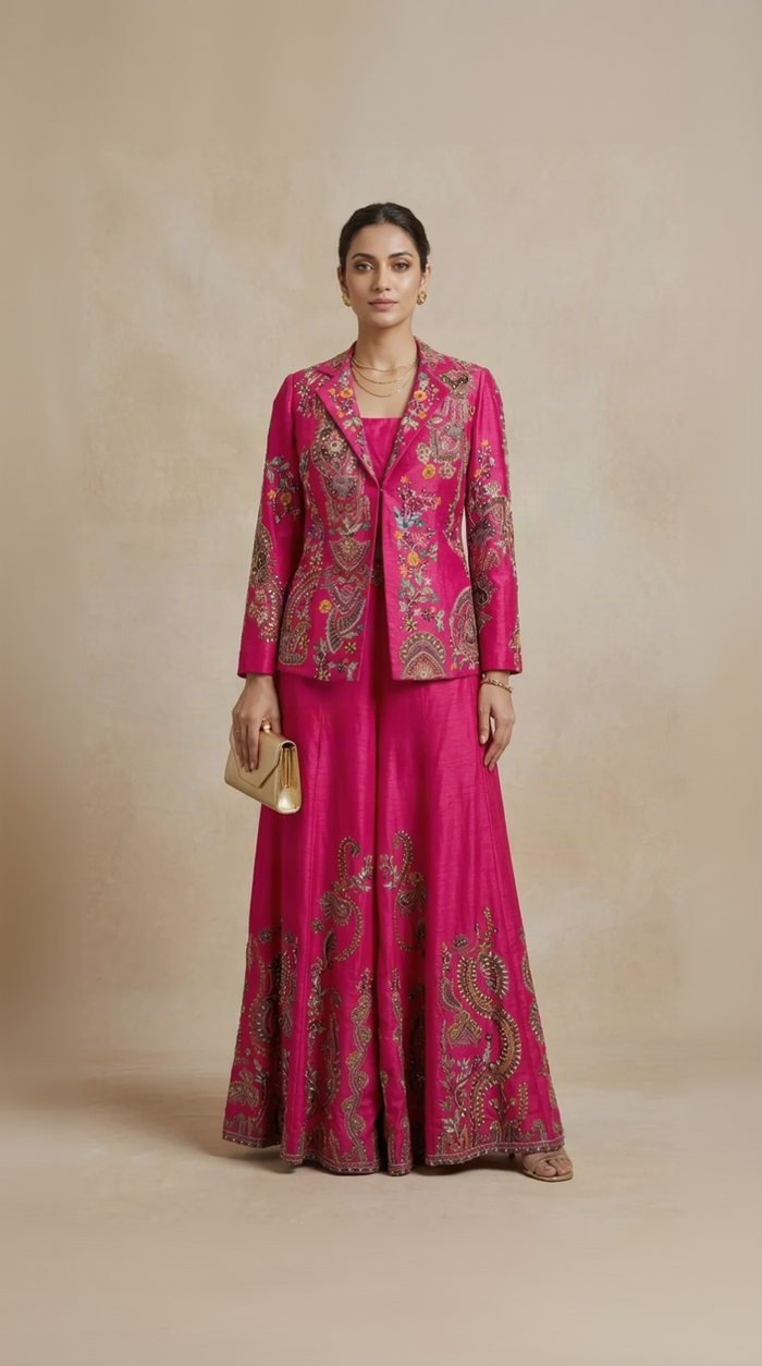 Rani pink floral printed blazer sharara set with hand embellished blouse, cutdana, sequins and beads, perfect for weddings and festive events