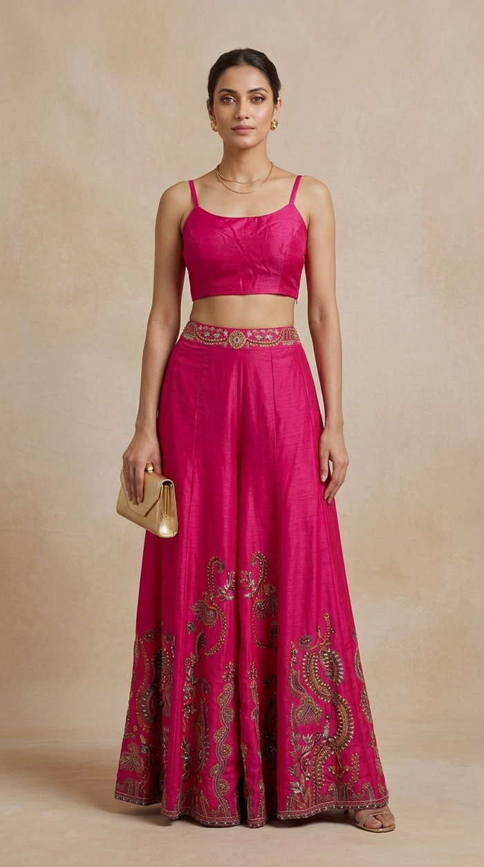 Rani pink floral printed raw silk blazer with embellished blouse and sharara, featuring cutdana, sequins and bead work for wedding receptions