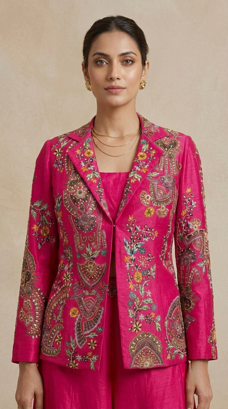 Close-up of Rani pink floral printed blazer and hand embellished blouse with intricate cutdana, sequins and beads, ideal for festive celebrations