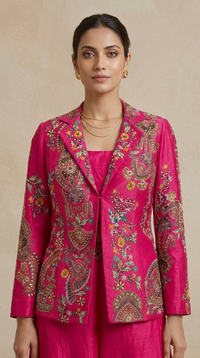 Close-up of Rani pink floral printed blazer and hand embellished blouse with intricate cutdana, sequins and beads, ideal for festive celebrations