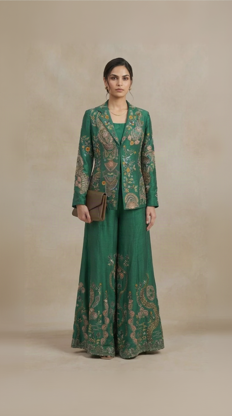 Green silk hand embroidered blazer palazzo set for women, festive wedding and party wear outfit