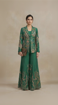 Green silk hand embroidered blazer palazzo set for women, festive wedding and party wear outfit