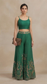 Green hand embellished blazer palazzo suit set, stylish Indo-western outfit for festive occasions