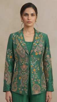 Emerald green embroidered silk blazer with palazzo pants, elegant Indian ethnic wear for sangeet