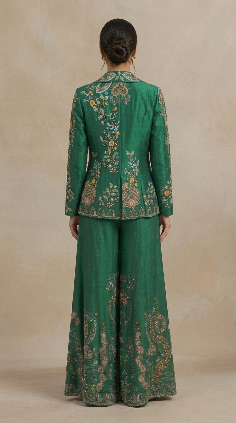 Women's green silk blazer and palazzo pants set, wedding guest and reception party wear fashion