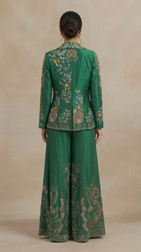 Women's green silk blazer and palazzo pants set, wedding guest and reception party wear fashion