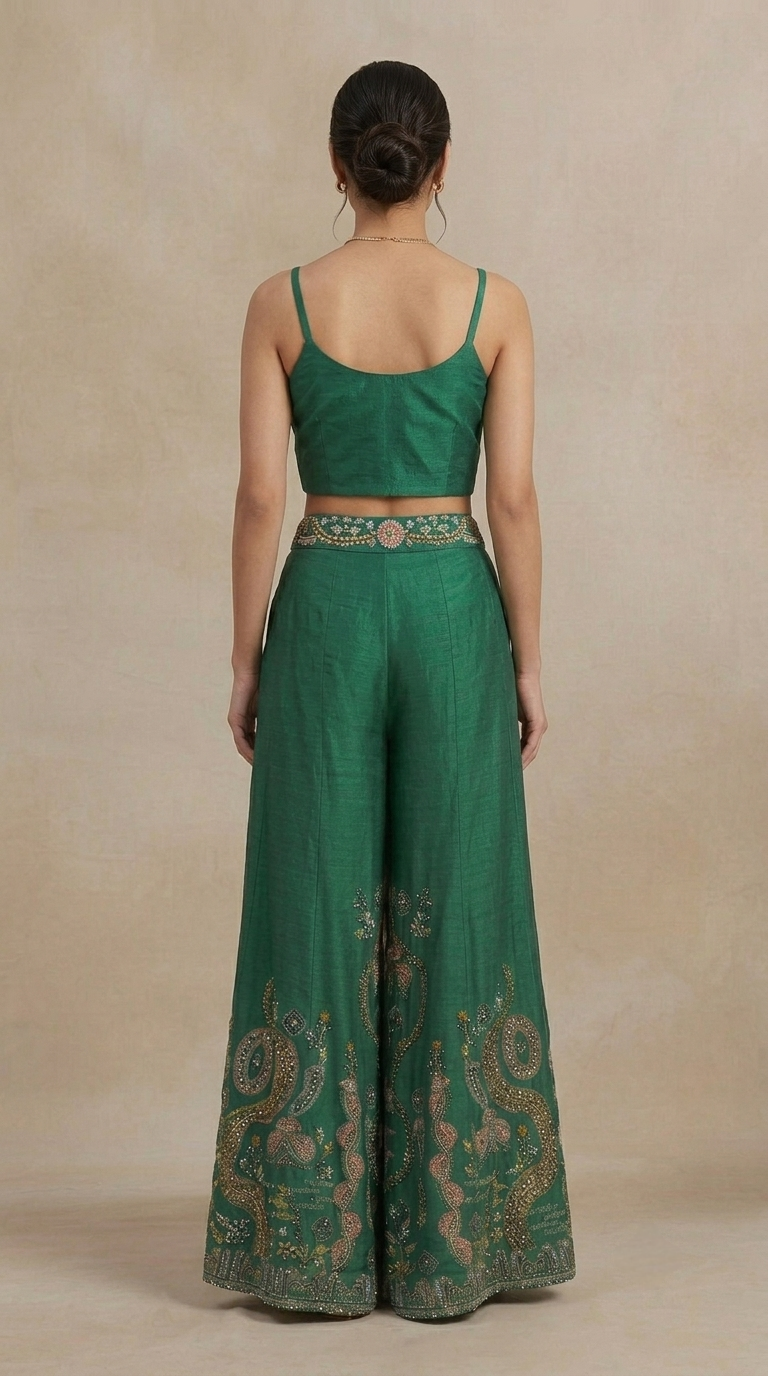 Luxury green embroidered blazer palazzo set, contemporary Indian outfit for celebrations and events