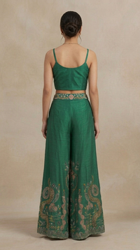 Luxury green embroidered blazer palazzo set, contemporary Indian outfit for celebrations and events