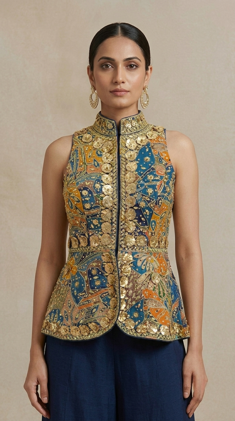 Close-up of intricate mirror embroidery on blue silk sharara and crop top