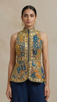 Close-up of intricate mirror embroidery on blue silk sharara and crop top
