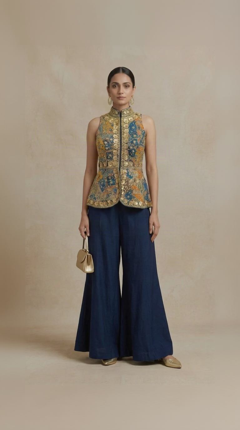 Blue silk mirror embroidered bell bottom sharara set for women, festive Indian ethnic wear