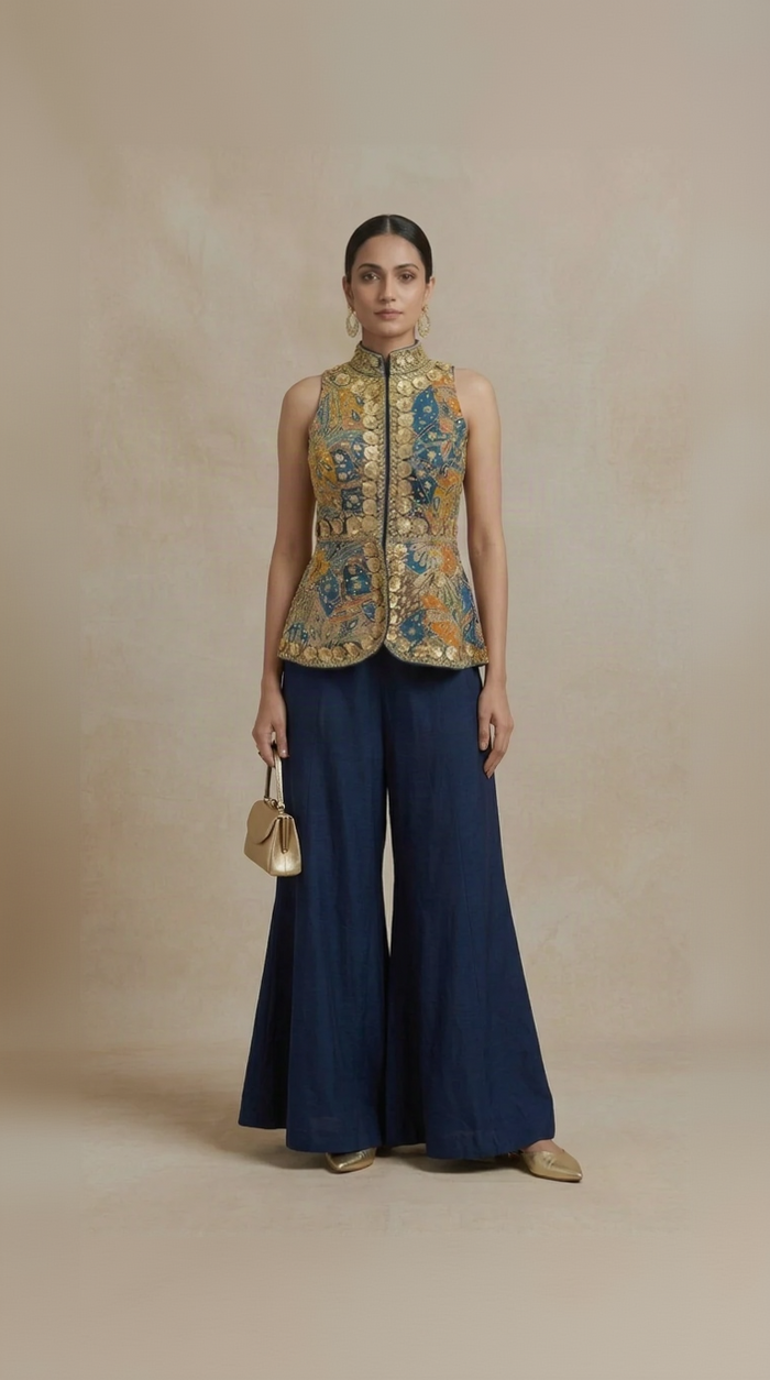 Blue silk mirror embroidered bell bottom sharara set for women, festive Indian ethnic wear