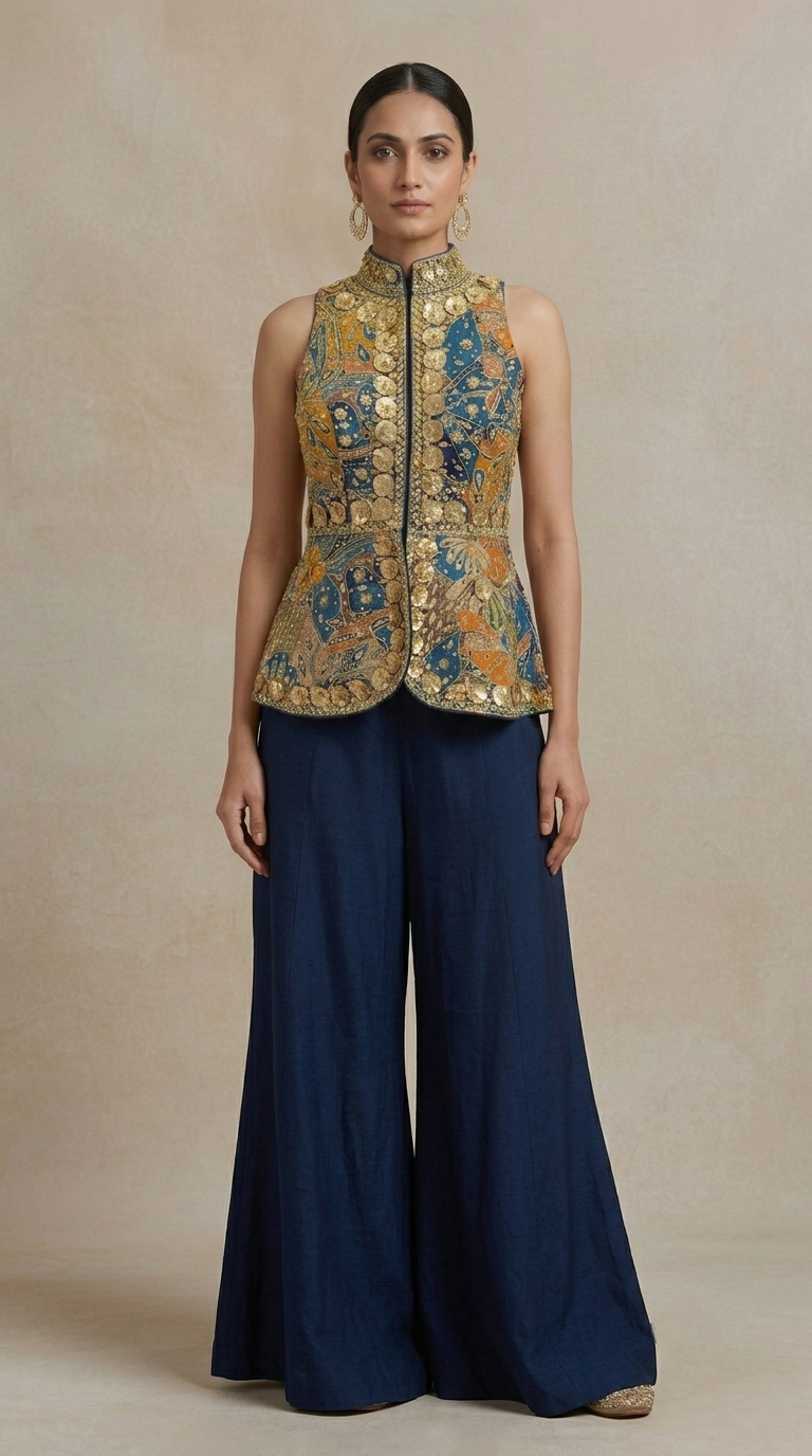 Front view of blue mirror work embroidered sharara set with bell bottom pants