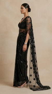 Black glam saree with cutwork embroidered drape for evening parties and reception events