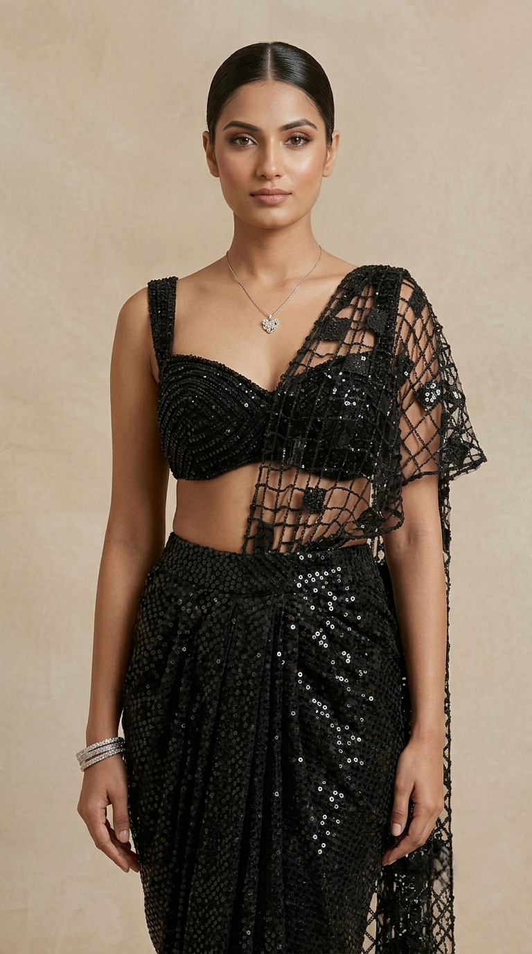 Black sequin ready-to-wear saree with embellished blouse for cocktail parties and festive celebrations
