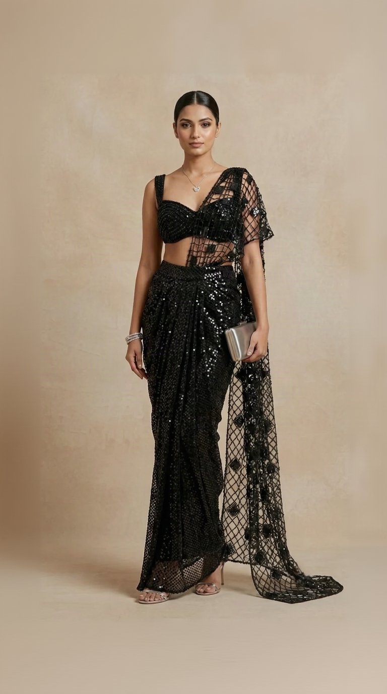 Black ready-to-wear glam saree with cutwork embroidery for cocktail parties and evening events